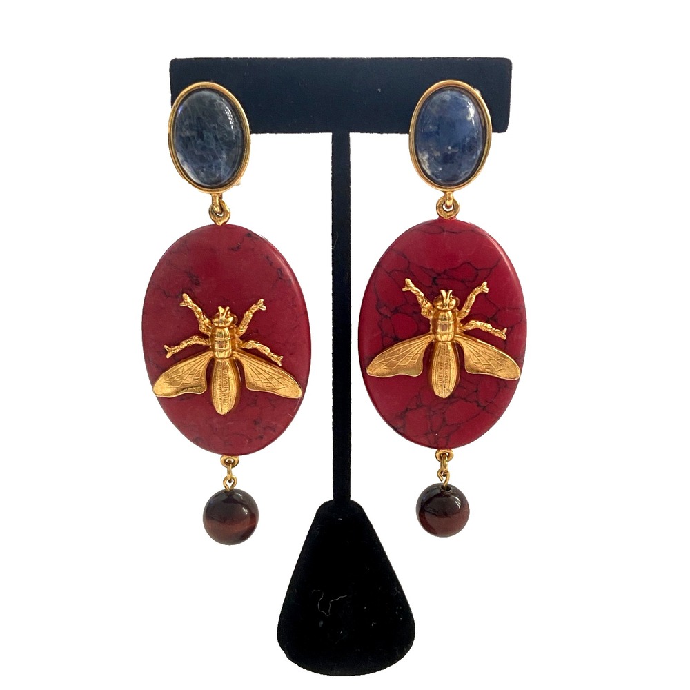 Vtg Oscar De La Renta Oval Drop Gold-tone Fly Statement Earrings